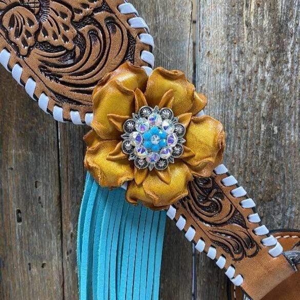 White Whipstitch Yellow and Turquoise Browband/One Ear Headstall &amp; Breastcollar Tack Set 