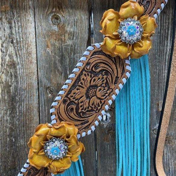 White Whipstitch Yellow and Turquoise Browband/One Ear Headstall &amp; Breastcollar Tack Set 