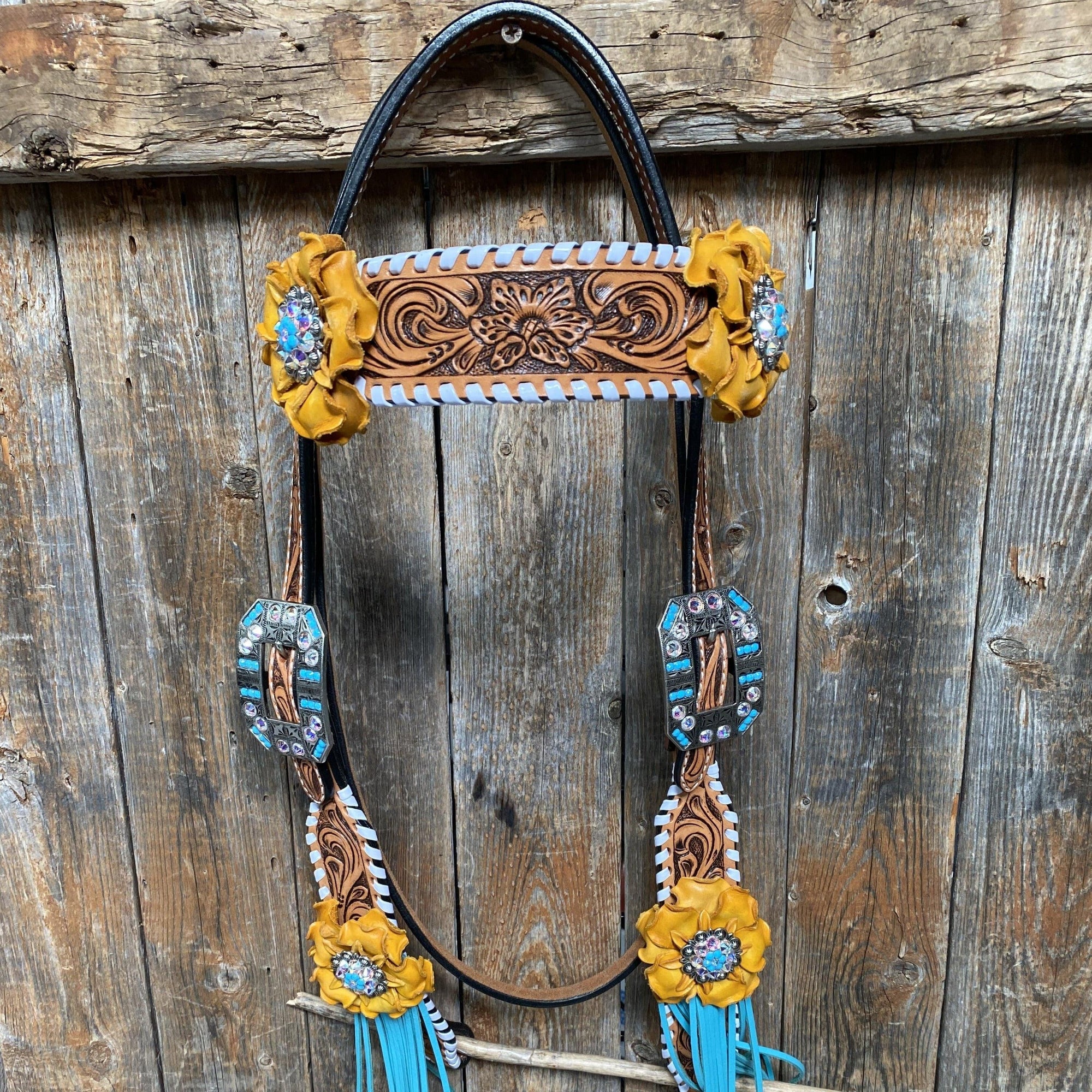 White Whipstitch Yellow and Turquoise Browband/One Ear Headstall &amp; Breastcollar Tack Set 
