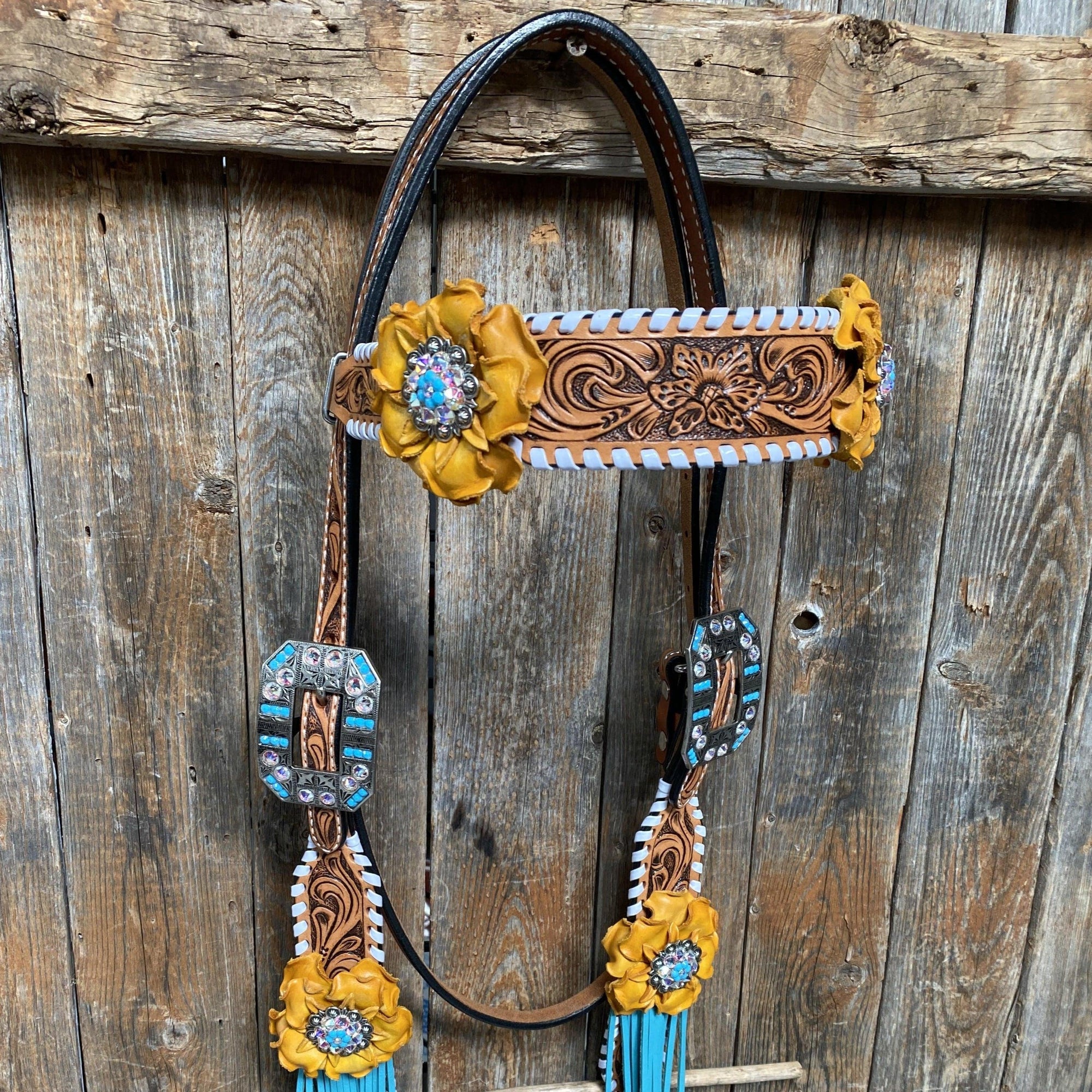 White Whipstitch Yellow and Turquoise Browband/One Ear Headstall &amp; Breastcollar Tack Set 