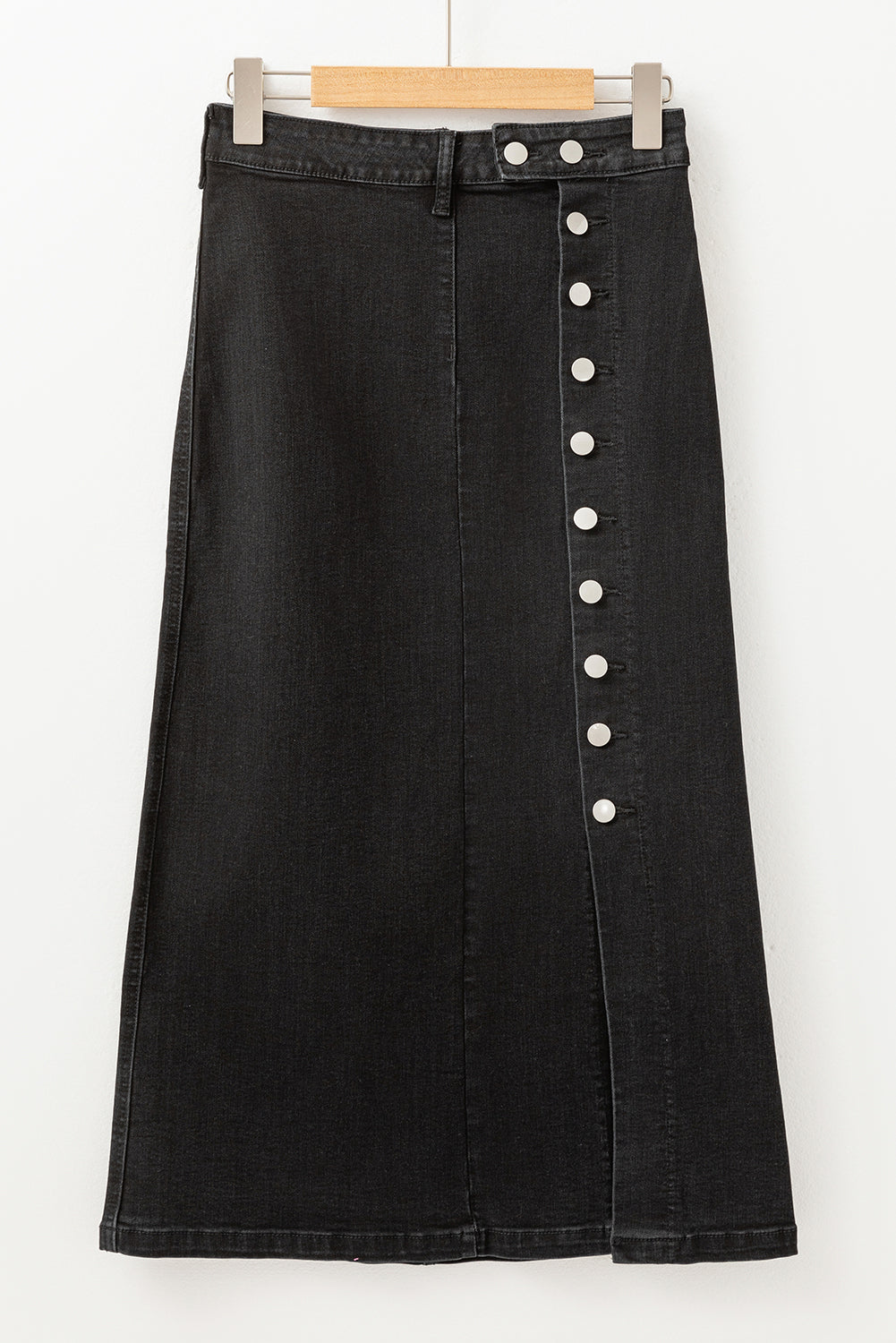 Emberlynn Button Fly Side Split High Waist Denim Midi Skirt