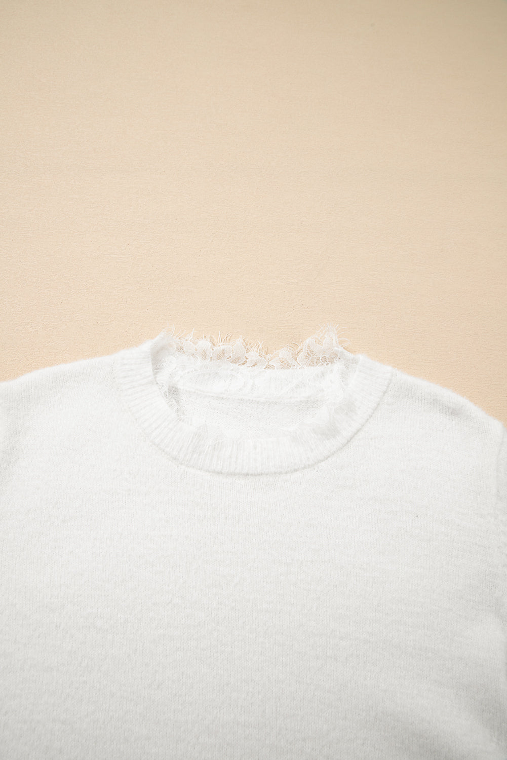 Lace Patchwork Sleeve Faux Two-Piece Fuzzy Sweater