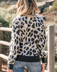 Leopard Contrast Trim Drop Shoulder Sweater