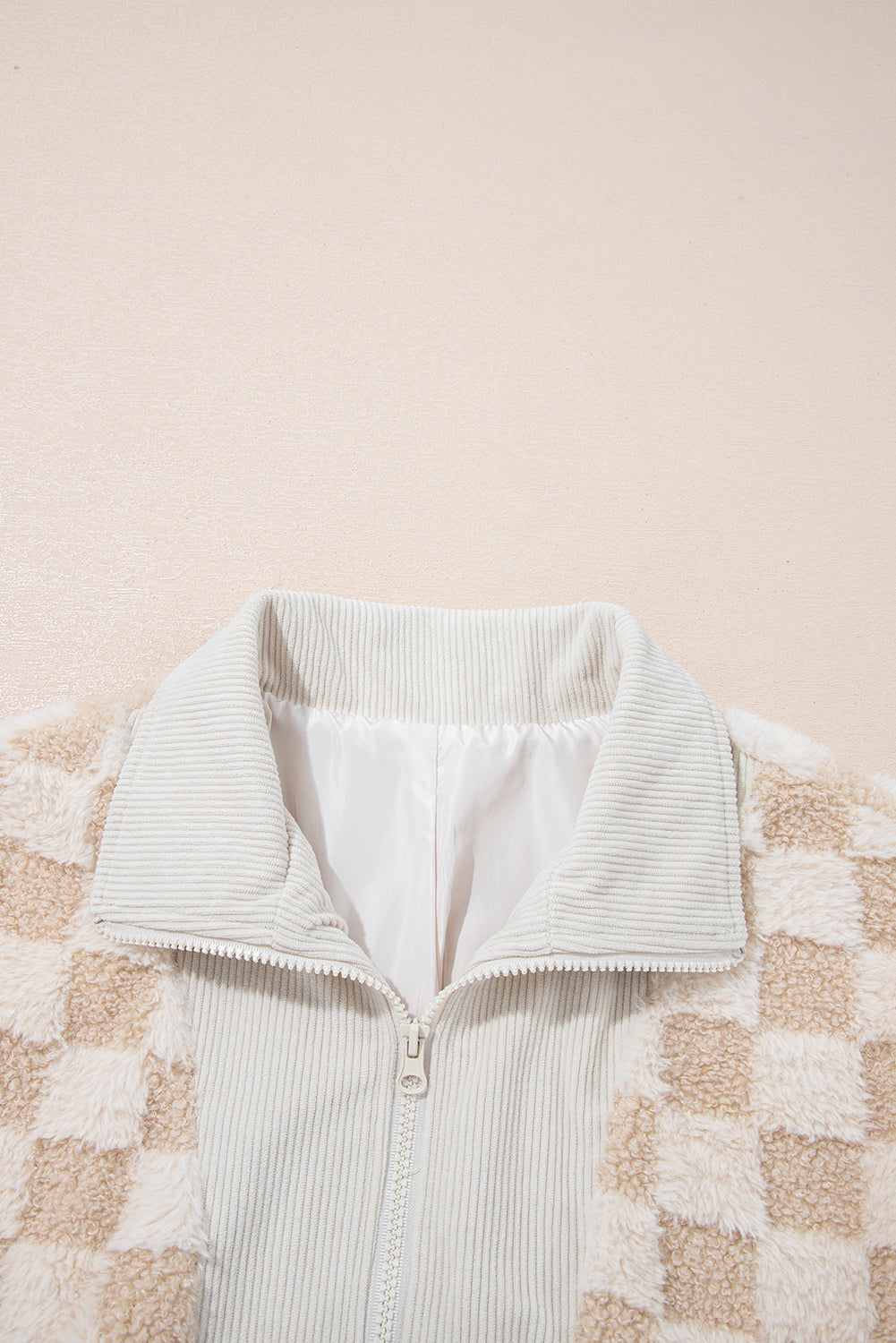 Checker Sherpa Corduroy Patchwork Zip-Up Jacket