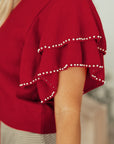 Solid Pearl Embellished Double Ruffle Sleeve Sweater