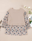 Beige Faux Two Piece Knit Patchwork Floral Print Plus Size Top