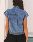 Nora Blue Acid Wash Elastic Hem Button Up Denim Vest