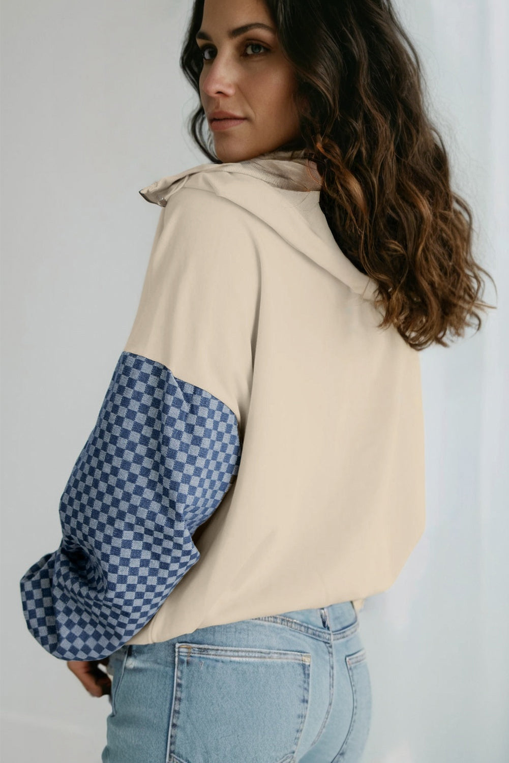 Checker Patchwork Kangaroo Pocket Half-Zip Hoodie