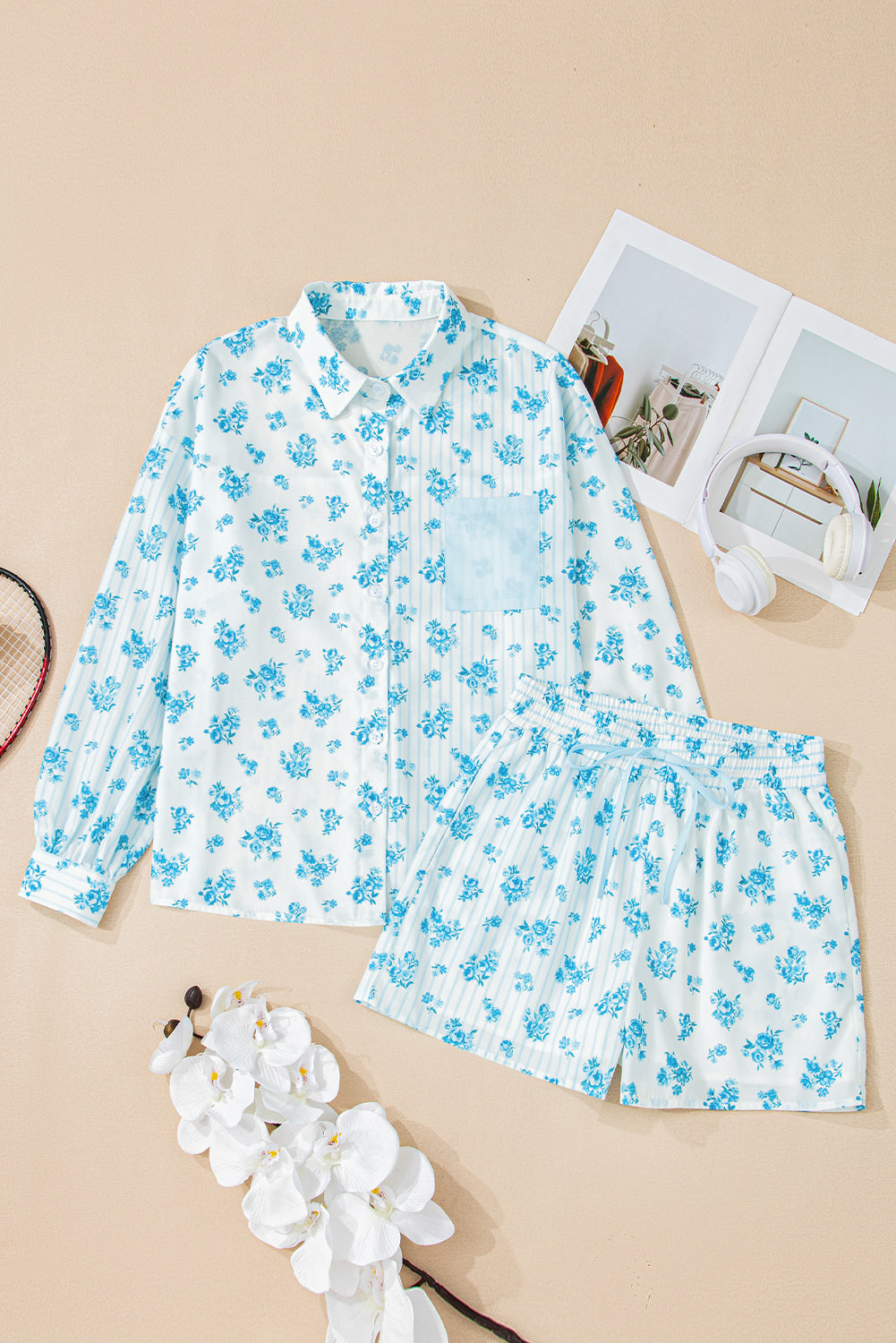 Savannah Floral Striped Pocket Shirt and Shorts Set
