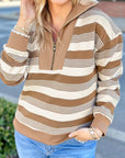 Stripe Half-Zip Collared Patchwork Long Sleeve Sweatshirt