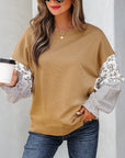 Floral Stripe Patchwork Ruffle Sleeve Crewneck Sweatshirt