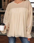 Solid Chiffon Pleated Ruffle Long Sleeve Blouse