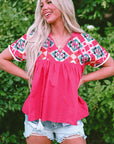 Zayla Embroidered Tassel Tie V Neck Blouse