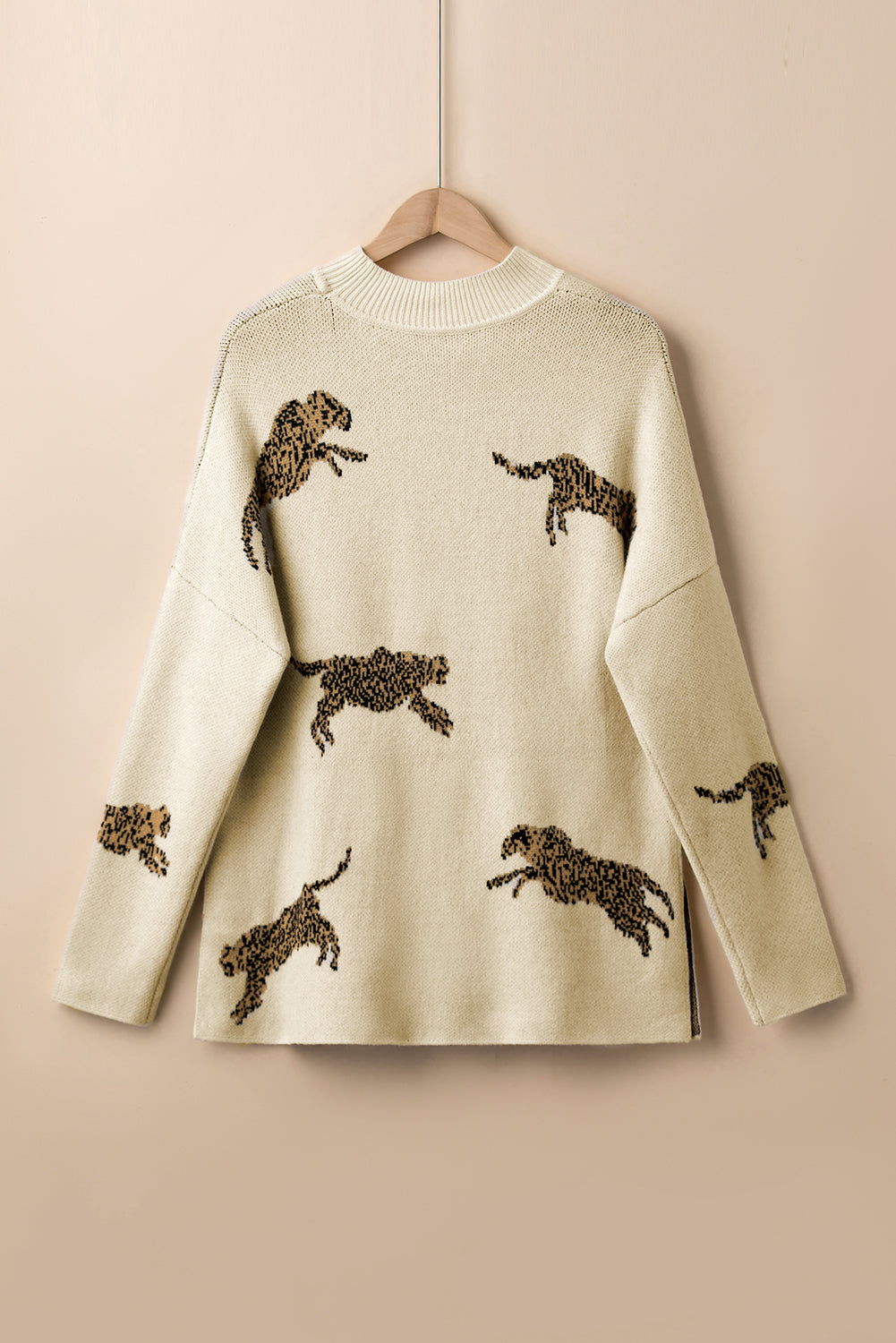 Cheetah Mock Neck Split Hem Sweater