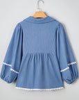 Solid Lace Ric-Rac 3/4 Sleeve Babydoll Blouse