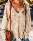 Solid Eyelet V-Neck Drop Shoulder Sweater