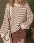 Stripe Checker Balloon Sleeve Sweater