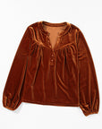 Velvet Lantern Sleeve Beaded V-Neck Blouse