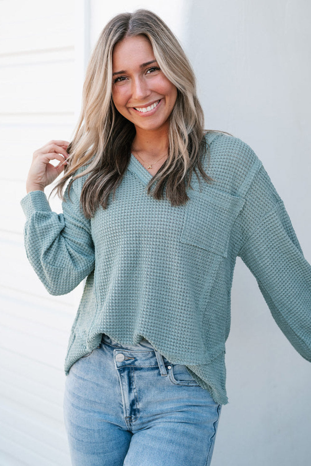 Eden Raw Edge Detail Waffle Knit V Neck Top