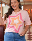 Plus Size Star Eyelet Knit Patchwork T-Shirt