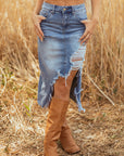 Alexis Irregular Distressed Bottom Denim Midi Skirt