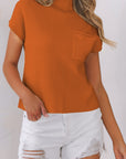Solid Ribbed Knit Patch Pocket Short Sleeve Sweater