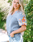 Hadlee Floral Embroidered Puff Sleeve Split Neck Blouse