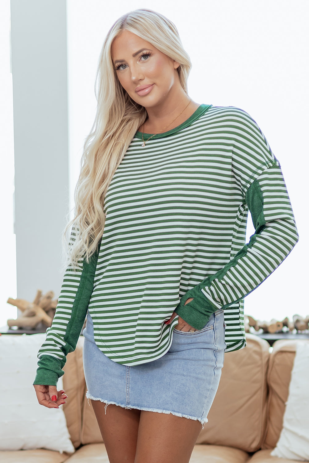 Stripe Thermal Knit Drop Shoulder Top