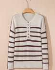 Stripe Ribbed Slouchy Drop Shoulder Henley Sweater