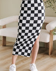 Checker Side Slit High Waist Midi Skirt