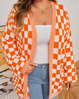 Plus Size Checker Drop Shoulder Open Front Cardigan
