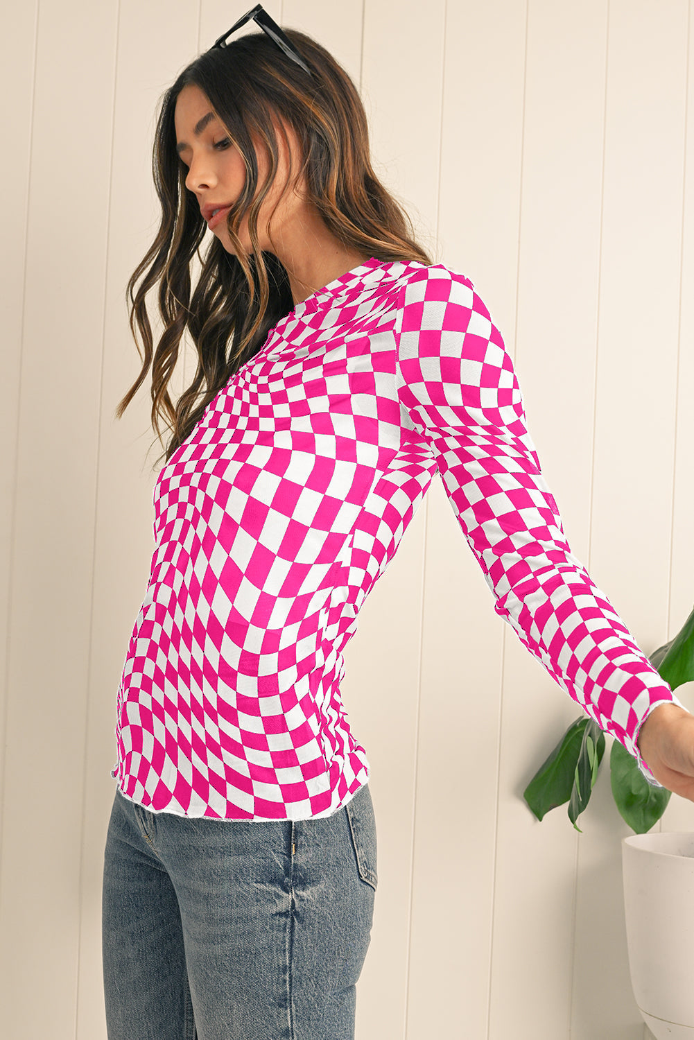 Checkered Pattern Mesh Long Sleeve Top