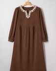 Plus Size Textured Corduroy Embroidered Neckline Midi Dress