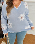 Plus Size Floral Scallop V-Neck Sweater