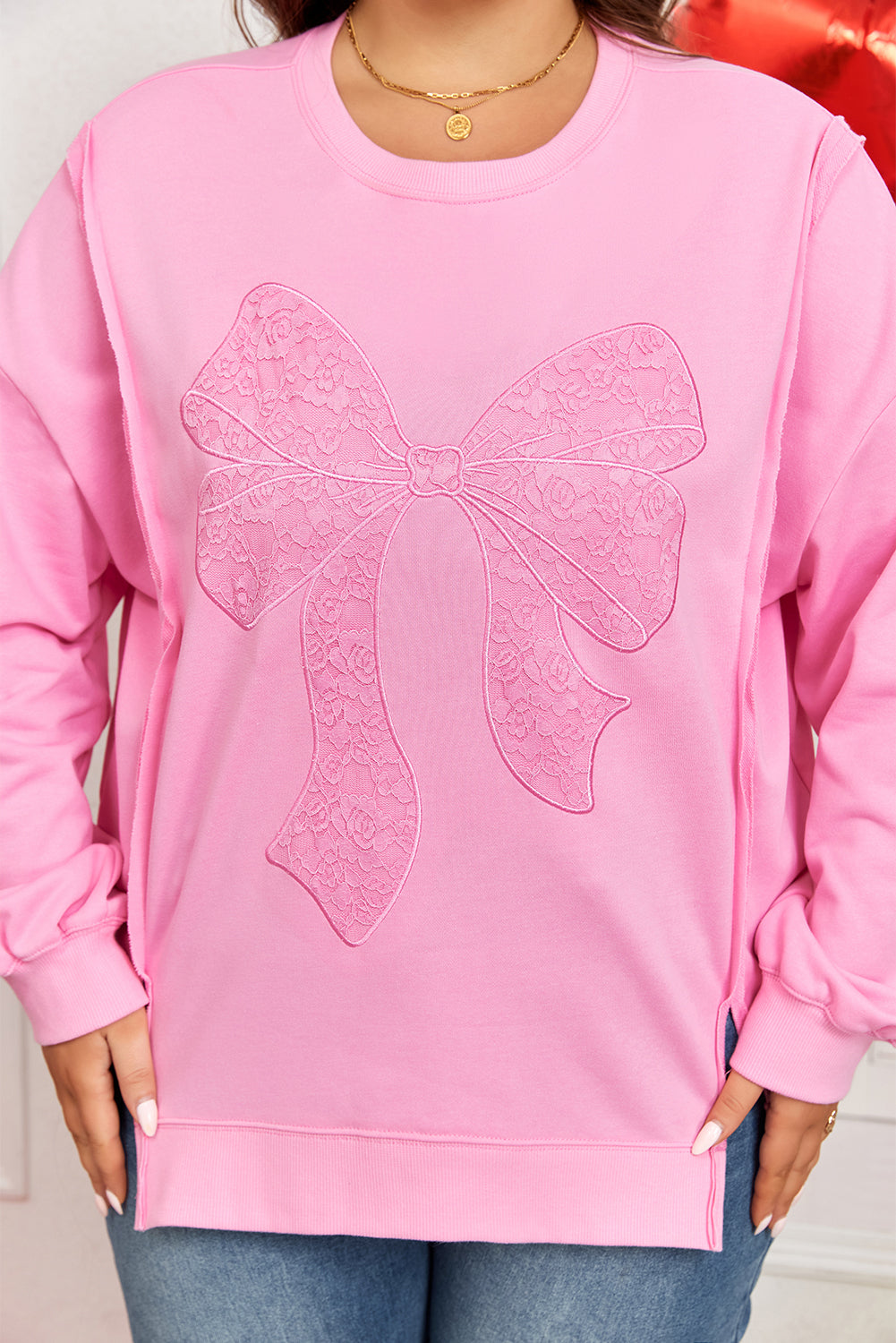 Pink Big Bow Lace Embroidered Dolman Sleeve Slit Plus Size Sweatshirt