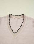 Contrast Trim Scallop V-Neck Long Sleeve Blouse