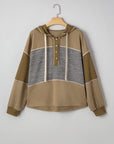 Waffle Knit Patchwork Buttoned Hooded Sweatshirt
