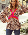 Cheetah Colorblock V-Neck Balloon Sleeve Babydoll Blouse
