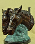 Art Deco 70 LBS Two Horses Head Bust Bronze Sculpture Marble Base Figurine