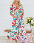 Sky Floral Knot Puff Sleeve Buttoned Front Maxi Dress