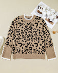 Plus Size Leopard Knit Lacy Trim Long Sleeve Sweater