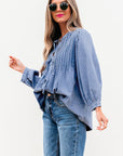 Solid Denim Pleated Bow Tie Puff Sleeve Top