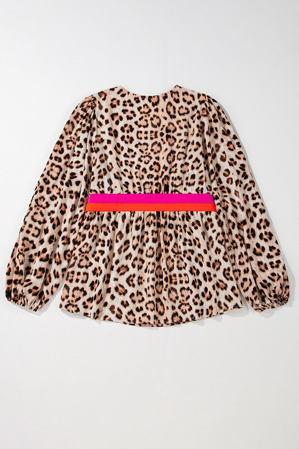 Cheetah Colorblock V-Neck Balloon Sleeve Babydoll Blouse