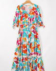 Sky Floral Knot Puff Sleeve Buttoned Front Maxi Dress