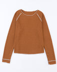 Solid Waffle Knit Round Neck Long Sleeve Top