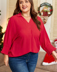 Plus Size Solid Collared V-Neck Smocked 3/4 Sleeve Top
