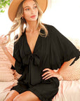 Tie-Front Relaxed Ruffle Hem Keyhole Romper