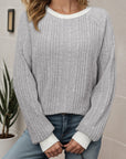 Solid Ribbed Contrast Trim Long Sleeve Top