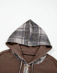 Plaid Patchwork Button-Up Drawstring Hooded Shacket
