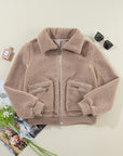Solid Zip-Up Pocketed Fuzzy Jacket